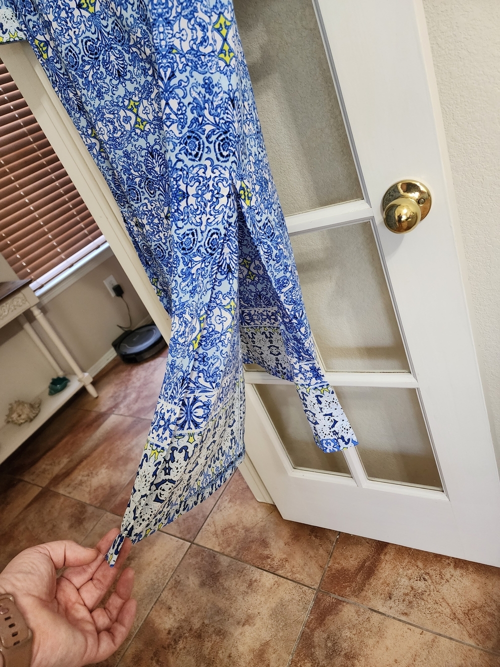 Oscar de la Renta Pink Label Blue Tile Print Caftan Lounge Dress Size Small - Picture 7 of 15